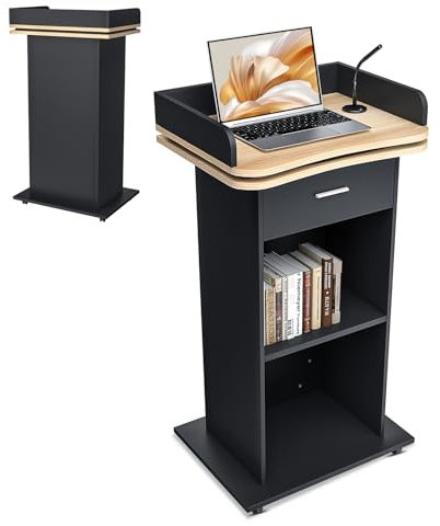Holz-Podium, Holzpodium mit Ausziehbarer Schublade & Rädern, Premium hohes Massivholz Kanzel Rednerpult mit Doppellagiges Ablagefach, Rednerpult for Kirche, Vortrag, Schul, Seminar (110x46x 60cm)