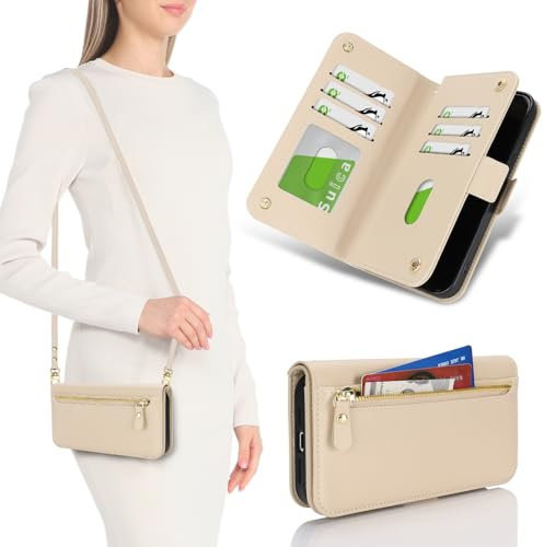 SailorTech für iPhone 15 Pro Hülle mit Kartenfach Klapphülle für Frauen, iPhone 15 Pro Handyhülle Handytasche Flip Brieftasche Schutzhülle mit Verstellbarer Halskette-Beige
