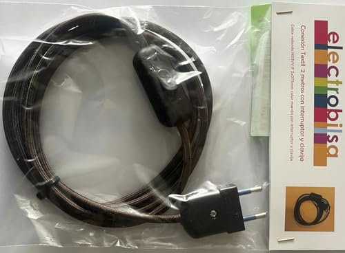 Brightium Kit de cable textil marrón de 2 metros, 2 x 0.75 mm, con clavija e interruptor negros, ideal para iluminación y decoraciones eléctricas.