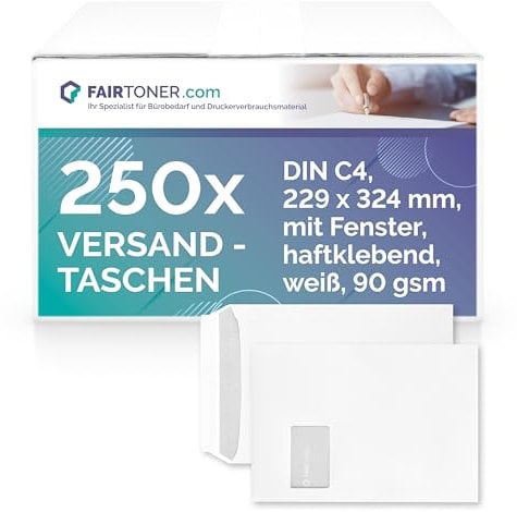 Fairtoner Versandtasche C4 (250 Stück Umschläge) Haftklebende Versandtaschen weiß 90gsm, mit Innendruck,mit Fenster