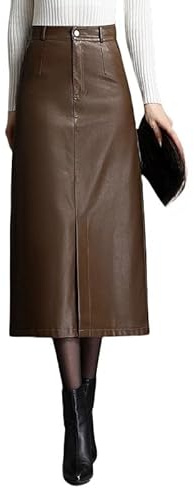 KIJSKKOPO Damen Midi Lederröcke Mit Schlitz Vorne, Rot, Hohe Taille, Seitliche Taschen Mit Reißverschluss Und Knopf, A Linien Bleistiftrock, Sexy, Figurbetont, für Den Alltag, Partys, Büro, Eleg