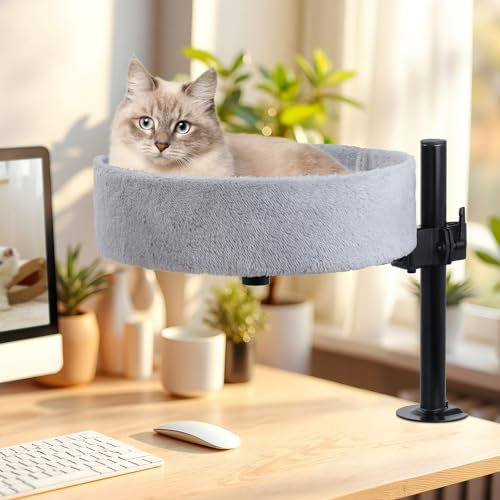 BSWAY Katzenbett für Schreibtisch - Kein Bohren 360°Drehung, verstellbare Höhe Erhöhtes Katzenhaus über Schreibtisch Hält Kätzchen Katze nah und Arbeitsbereich Klarer Tisch-Katzenbett (Grau, XL)