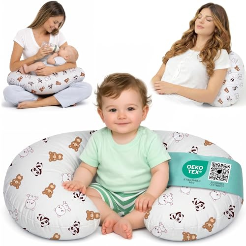 Flowen Stillkissen Klein für Neugeborene Kleines Stillkissen mit Bezug aus 100% Baumwolle und Weicher Füllung Stillhörnchen Baby Ergonomische Rückenstütze Geschenkidee für Junge Mütter und Schwangere
