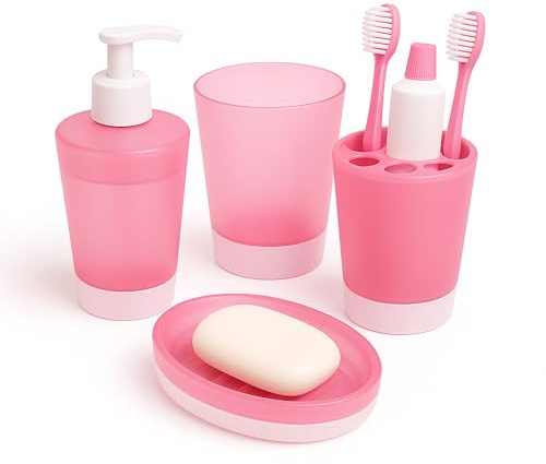 Mypicompany. Set da bagno rosa da 4 pezzi in plastica infrangibile: dispenser sapone bagno, portasapone bagno, bicchiere, porta spazzole. Set bagno per bambini e adulti. Accessori bagno dal design