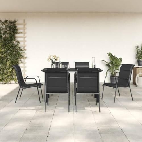 JHQHSM Salon de jardin 7 pièces en acier noir et textilène avec revêtement par pulvérisation et verre trempé - Meubles de terrasse robustes pour l'extérieur