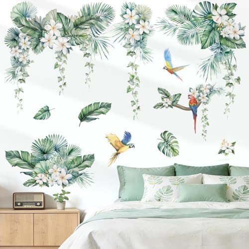Peelora Jungle Leaves Flower Wall Stickers Hanging Vines Palm Leaf Parrot Wall Decals Living Room Bedroom Tv Background Reusable Self-Adhesive Home Decor Stickers