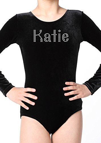 Varsany Personalisierte Gymnastik-Trikot, Samt, langärmelig, Schulkleidung, Schule, Uniform, Tanz, Ballett-Strumpfhose, Gymnastikanzug für Mädchen (K), Schwarz , 9-10 Jahre