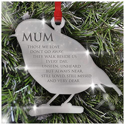 Remembrance Christmas Tree Decoration Personalise With A Name - Mirror Acrylic Bauble Ornament - Loved Ones Keepsake Gift ROBIN ANGEL HEART (Personalised)