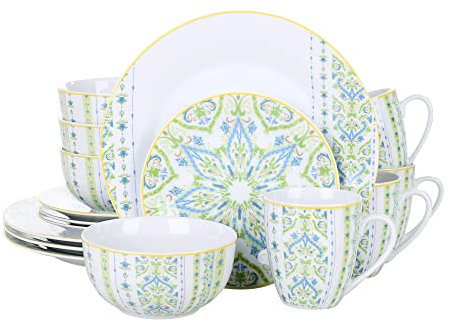 VEWEET Geschirrset 4 Personen, 16-tlg. Porzellan Tafelservice, Boho Kombiservice mit Speisetellern, Desserttellern, Müslischalen und Kaffeebechern, Spülmaschinen- & Mikrowellengeeignet, Serie MAGDA