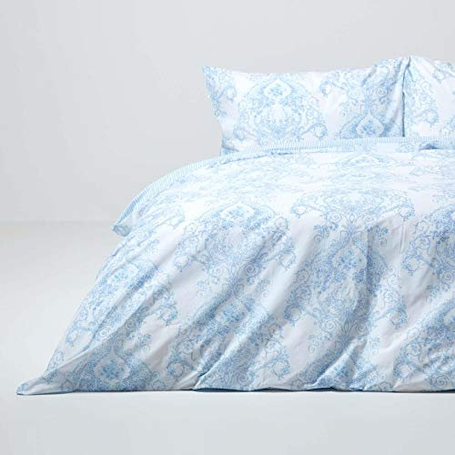 Homescapes blaues Bettwäsche-Set im Toile-de-Jouy Design, Baumwollmischung, Bettbezug 200 x 200 cm und 2 Kissenbezüge 48 x 74 cm mit Blumenmuster und Streifen, praktische Wendebettwäsche in Hellblau