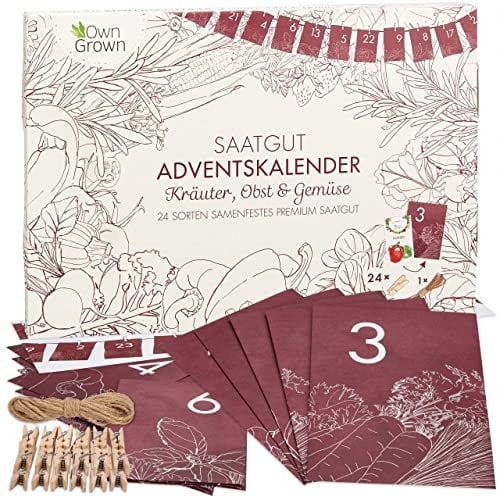OwnGrown 24 Samen Adventskalender 2025 - Kräuter, Gemüse, und Obst Adventskalender Satz - Garten DIY Kalender Inklusive Schnur, Wäscheklammer, Umschlag Rot - Ideal Geschenke für Gartenliebhaber