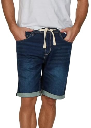 riverso Jeans Shorts Herren Stretch Kurz Kordelzug Regular Fit RIVPaul Kurze Hosen Bermuda Shorts Sommer Denim Einfarbig, Größe:W 36, Farbe:Dark Blue Denim (D147)