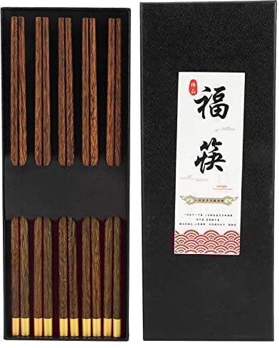 5 Pairs Chopsticks, Chinese Style Boxed Reusable Chop Sticks with Lucky Character, for Household Exclusive, Gift, Housewarming Memorial, Business Customization(Wenge Wood Five Pairs Box)
