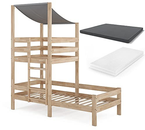 VitaliSpa Hausbett Tom, Bett aus Holz, Naturholz, 90x200 cm mit 2 Matratzen