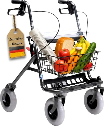 FabaCare Rollator mit Vollausstattung, Standardrollator 286i, faltbar mit Korb und Tablett, Farbe Carbon-Grau