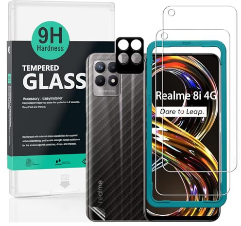Ibywind Cristal Templado para Realme 8i 4G/Narzo 50 4G 6.6[2 Piezas],con Metálico Protector de Lente de Cámara,Atrás Pegatina Protectora Fibra de Carbono, Kit de instalación fácil