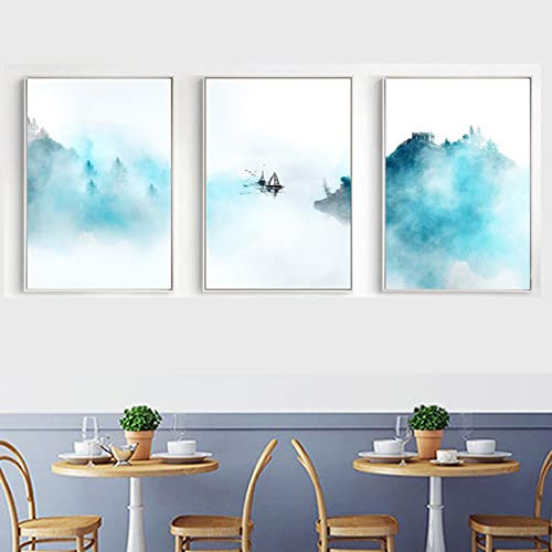 GVOZI Kunstdrucke Auf Leinwand Triptychon Impressionistischer Abstrakter Berg Und Nebel Tusche- Und Waschmalerei Leinwand Gemälde Wandbild Für Wohnzimmer 40x50cm