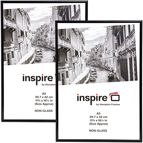 Hampton Frames | Posterrahmen, A3, Schwarz, Acryl (kein Glas), 2 Stück | Kunststoffrahmen, 10 mm Profil, Wandmontage, Quer- & Hochformat | Für Bilder und Poster