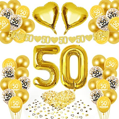 HLEIUKT Goldene Hochzeit Dekoration, 50. Hochzeitstag Luftballons, Konfetti, Folienballons, 50. Hochzeitstag Girlanden, Goldene Hochzeit Tischdeko, Luftballons Gold Deko für Deko Goldene Hochzeit