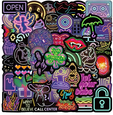 100 Stück Neon Aufkleber, Vinyl Wasserdicht Neonzeichen Lichtstil, Coole Aufkleber Pack für Wasserflasche, Laptop, Computer, Gepäck, Gitarre, Neon Abziehbilder für Kinder, Teenager, Erwachsene