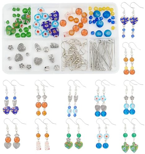 SUNNYCLUE 1 boîte Bricolage 12 Paires de Perles de Fleurs en Verre Perles de Hibou Millefiori Perles au Chalumeau Perles Entretoises pour Kit de Fabrication de Boucles d'oreilles Perles