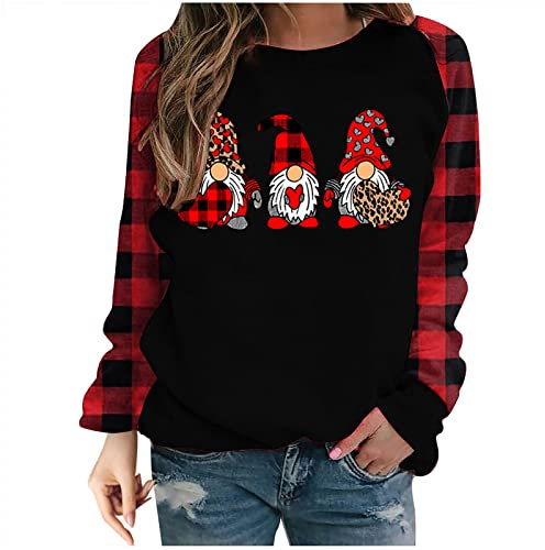 TRIGLICOLEUM Weihnachtspullover Damen Rot Weinglas Druck Sweatshirt Weihnachten Kariertes Langarm Shirt Pullover mit Rundhals Herbst Winter Pulli Tops Christmas Oversize Oberteile Weihnachtspulli