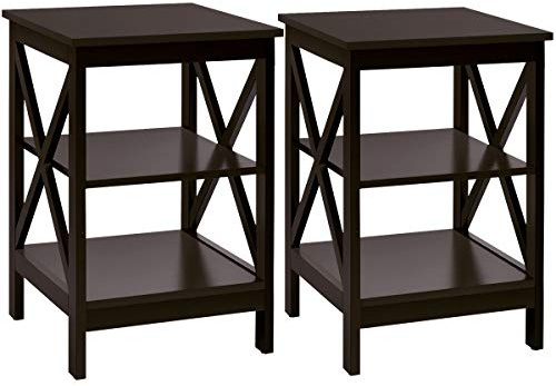 COSTWAY Nachttisch 3 Ebenen, 2er Set Beistelltisch Nachtschrank, Sofatisch Couchtisch für Schlafzimmer, Wohnzimmer 40x40x61cm (X-förmig, Braun)