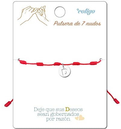 cotigo Bracciale 7 Nodi Rossi con Lettera Iniziale AZ Acciaio Inossidabile-Ciondoli Portafortuna e Protezione-Braccialetto Malocchio per Coppie e Amicizia-Gioielli Regolabili (D - Argento)