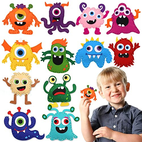 Cosysparks Nähset Kinder Monster, 12pack Bastelsets Für Kinder Nähset Anfänger Spaß Diy Pädagogisches Nähen Handwerk Geschenk mit Nähwerkzeugen Für Jungen Mädchen (Monster)