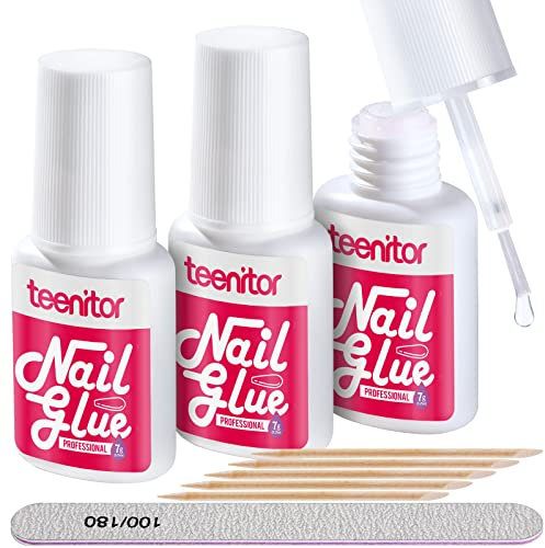 Teenitor Nail Glue Extra Strong - 3pcs Brush on Glue for Broken Nails & Acrylic Tips, Press on Nail Glue with Nail File