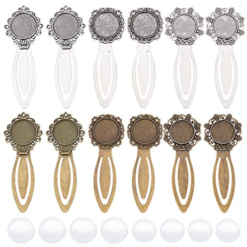nbeads 24 STK. 3 Stile 2 Farben Lesezeichen Mit Klarglas Cabochons, 12 Stück Tibetischen Stil Lesezeichen Cabochon Einstellungen 12 Stück Kuppelglas Cabochons Zum Geschenken Basteln DIY-Lesezeichen