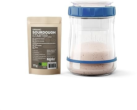 Kefirko Sourdough Starter Kit Fermenter + Organic Dry Mix, Glass Jar, Measuring Spoon, Fermentation Clock & Instruction Book (Blue)