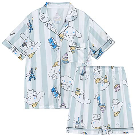 WANHONGYUE Kawaii Cinnamoroll Pigiama Donna Ragazza Corto Estivo Due Pezzi Maglietta Manica Corta e Pantaloncini Set di Pigiama Camicie da Notte Abbigliamento per La Casa Blu-2 L