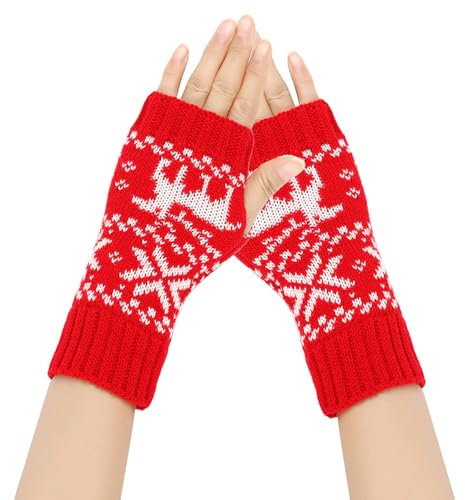 FGFD&OU Fingerlose Handschuhe für Damen Gestrickte Halb Fingerhandschuhe Kurzer Strickhandschuhe Fäustlinge Handwärmer Handgelenkwärmer Armstulpen Handstulpen Pulswärmer (1Paar-Xmas-Rot)