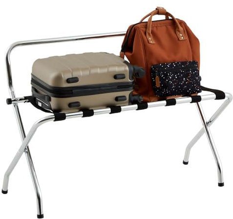 IDIMEX Porte-Valise Valise en métal chromé, Support-Bagages Accessoire de Chambre hôtel pour Sac de Voyage et Valise, Support Valise Pliable avec 7 Sangles de Maintien