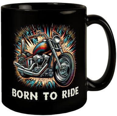 Chopper-Motorrad Tasse in Schwarz mit Spruch Born to Ride Glänzender Metallglanz Chrom Details Zweirad Auspuff Design Biker Kultobjekt