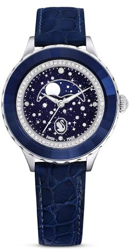 Swarovski Octea Nova Uhr, Damenuhr mit Roségoldfarbenem Gehäuse, Taupefarbenem Zifferblatt, Kristallen und Taupefarbenem Lederarmband
