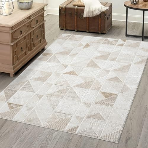 carpet city Teppich Wohnzimmer - Creme - 160x230 cm - Klassisch Modern - Geometrisches Muster - Teppiche Kurzflor Schlafzimmer, Esszimmer