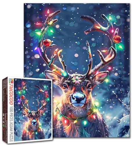 Tucocoo Rentier-Weihnachtspuzzle, 1000 Teile, Puzzles für Erwachsene, farbige Lichter, Wald, Winter, Kunst-Puzzles für anspruchsvolle Familienaktivitäten, Bastelpuzzle für Heimdekoration, Geschenke