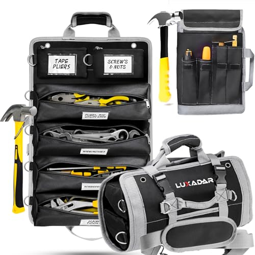 Luxadar Aufrollbare Werkzeugtasche mit 4 großen und 2 kleinen abnehmbaren Taschen, wasser- und fettabweisend, robuster Werkzeug-Organizer, Schultergurt, perfektes Geschenk für Vater, Vatertag,