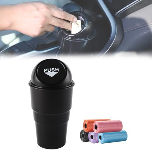 HIAHXC Car Bin with Lid, Small Bin for Car, Car Trash Bin with 5 Rolls Trash Bags Can Flip-Top Design Car Rubbish Bin Cup Holder for Car, Office, Home(Black)