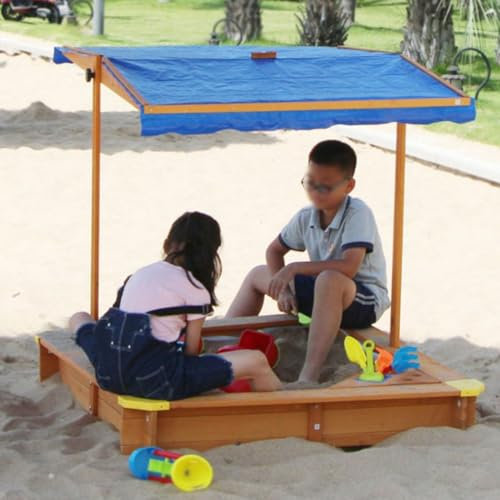Sandbox with Lid and Cover, Wooden Sandbox with Adjustable Canopy, Lifting Roof Up and Down, Sand Pit for Backyard Play