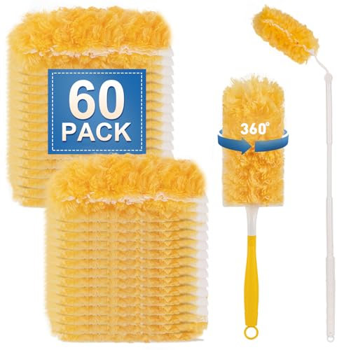Heavy Duty Duster Refills, Disposable Dusters Kit for Cleaning Dusting Furniture Blind Ceiling Fan, Multi Surface 360 Feather Duster(60)+3FT Extended Handle +1 Handle