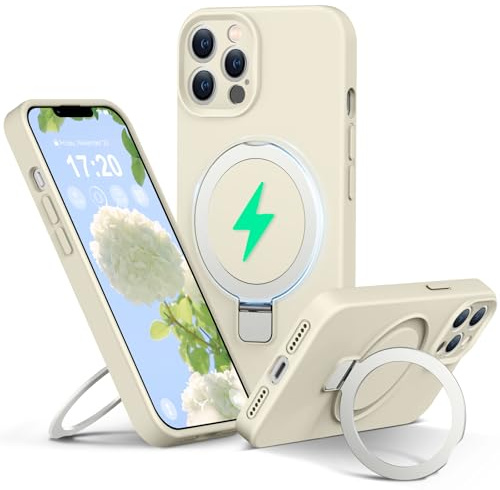PuyaTeya Silicone Hülle für iPhone 13 pro max mit Magnet ständ,Beige | Upgraded Kameraschutz Mil-Grade Drop Shockproof Anti-Scratch Microfiber Lining Silikon hülle