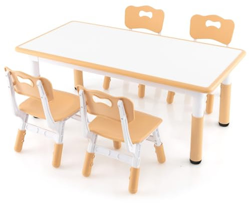 LIFEZEAL Kindertisch mit 4 Stühlen, Höhenverstellbare Kindertischgruppe, Plastik Kindermöbel für Kinder ab 18 Monate, Tisch Stuhl Set für Kindergarten, Kinderzimmer (Weiß)