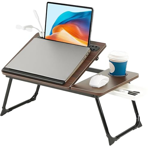 Laptop Desk, Laptop Bed Table with Foldable Legs, Cup Holder, Storage Drawer and USB Charging Port, Lap Desk Suitable for Work, Reading, Writing, Breakfast (Brown)