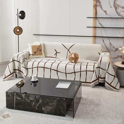 Chenille-Überwurfdecke und Plaid, waschbarer Couchbezug mit zarten Fransen, Sofaschoner für Eckcouch, 180 x 300 cm, Curryfarbe