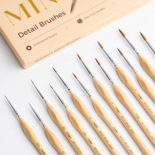 JusArt Miniature Paint Brushes 12 PCS, Fine Tip Model Paint Brushes, Wood | Fine Tip Paint Brush, Fine Detailing for Model Painting - Acrylic, Watercolor, Oil, Rock Painting & Paint by Number
