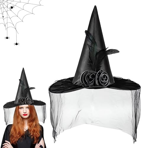 Halloween Hexenhut verziert mit Schleier Rosen & Federn Accessoire für Ihr Hexen KostümHexenhut Feder Halloween Köstum Zubehör Zauberer Hut Halloween Hut Party Cosplay Karneval Fasching Mottoparty