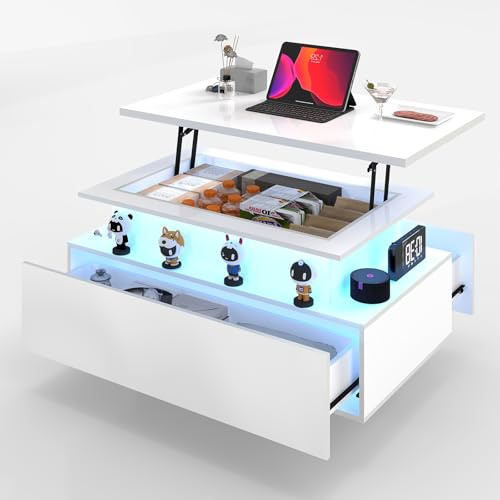 Xisilla Couchtisch Höhenverstellbar mit Aufzugstisch, Coffee Table Living Room mit 2 Schubladen, Beistelltisch Weiß mit LED-Licht, Wohnzimmertisch mit Stauraum